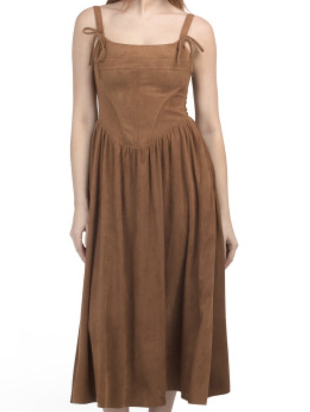 NWT - Moon River Faux Suede Camel V Waist Smocked Back Panel Midi Dress - Size M